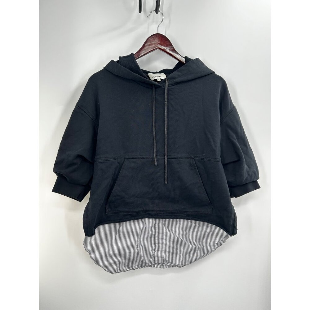 3.1 Phillip Lim Womens Half Sleeve Layered Hoodie Sweater EMBROIDERED FLORAL BLA